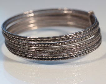 Vintage 70s Bangles Stack Silver Plate Bangles Seven Band Bracelet French Jewelry