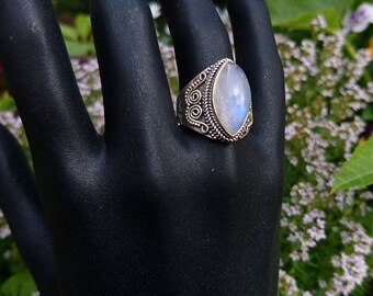 Bague Ancienne Argent Massif Pierre De Lune - Taille 59 - Bon état
