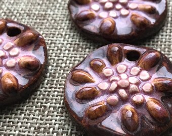 Chocolate Rose Zinnia with rondelles, Ceramic pendant, Ceramic focal, stoneware pendant, art bead, tracee, Classic Bead, ClassicElements