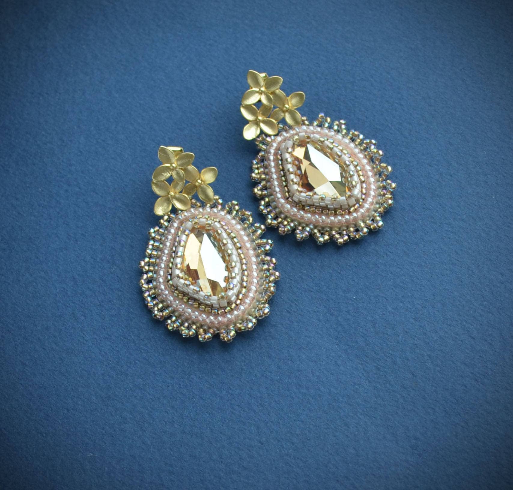 beige earrings gold plated Bead embroidery Earrings