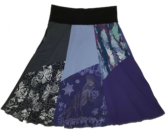 Upcycled Skirt XS Small Hippie Skirt Size 0 2 4 Boho Skirt Repurposed Skirt Purple Bird T-Shirt Knee Length Skirt recycled from Twinkle