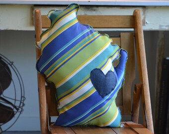 Wisconsin Shaped Pillow - Blues, Greens, Yellows, Whites - 109