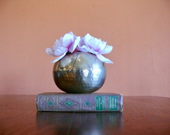 Boho Round Brass Orb Vase, Hammered Brass, Rustic Patina India Brass Planter
