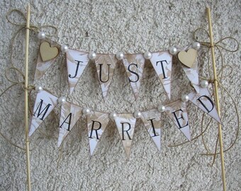 Just Married Cake Topper Banner, Wedding Cake Topper, Rustic Wedding Bunting, Paper Cake Topper, Wedding Props, Paper Wedding Decoration