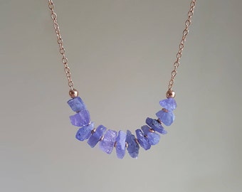 Rough Tanzanite necklace, rose gold chain necklace, December birthstone, natural raw stone, throat chakra necklace