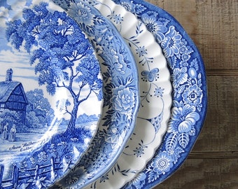 Mismatched Blue and White Dinner Plates for Weddings Set of 4 English Blue Transferware English China, Rustic Replacement China