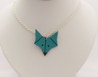 Necklace chain and Fox leather blue-green - handmade