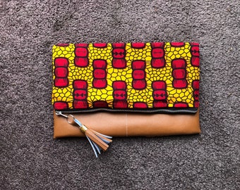 Ankara Print/Vegan Leather Fold-over Clutch Purse