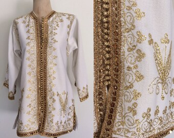 1970's Gold & White Polyester Button Up Top Boho Hippie Size Small Medium by Maeberry Vintage
