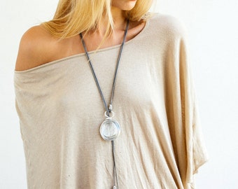 Silver lariat necklace, Long statement necklace, Leather necklace, Pendant necklace, Gift for her, Any occasion necklace, Wrapped stone.