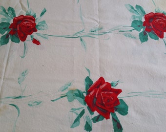 TC023 ~ Wilendur tablecloth Red roses American Beauty pattern Vintage tablecloth