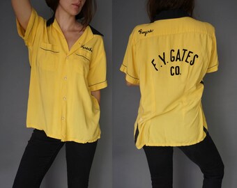 1950s Hilton Chain Stitch Bowling Shirt || Button Up Work Shirt Yellow Black || F.Y. Gates Co. ||