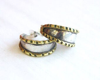 Mexican Hoop Earrings Sterling Silver and Brass Vintage Mixed Metal Hoops Ruffled Posts Taxco Mexico