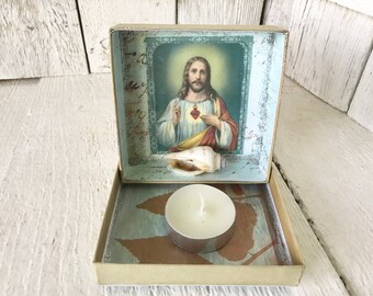 Little shrine prayer box Christ sacred heart icon blue upcycled embellished/ free shipping US