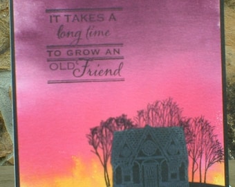 Silhouetted House and Trees Friendship Birthday Card