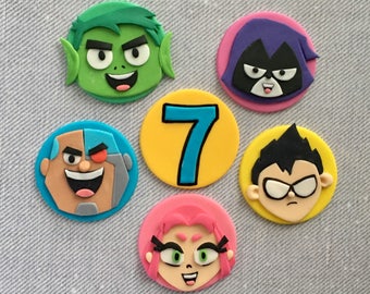 12 Teen Titans Go themed fondant cupcake topper (Robin, Starfire, Raven, Beast Boy and Cyborg)