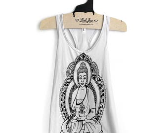 Fitted XL- Light Gray Racerback Tank with Buddha Screen Print