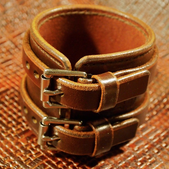 Brown Leather Wristband Double strap Handstitched Luxury Cuff Bracelet made for YOU in New York by Freddie Matara