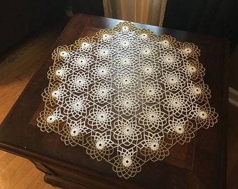 HAND Made White & Gold Crochet Beaded Doily ,Table Topper