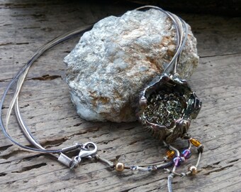 Gold/copper round pendant raku necklace