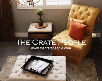 Tufted Lift Top Ottoman - Vintage European Grain Sack CRATE BRENC Coffee Table with Storage