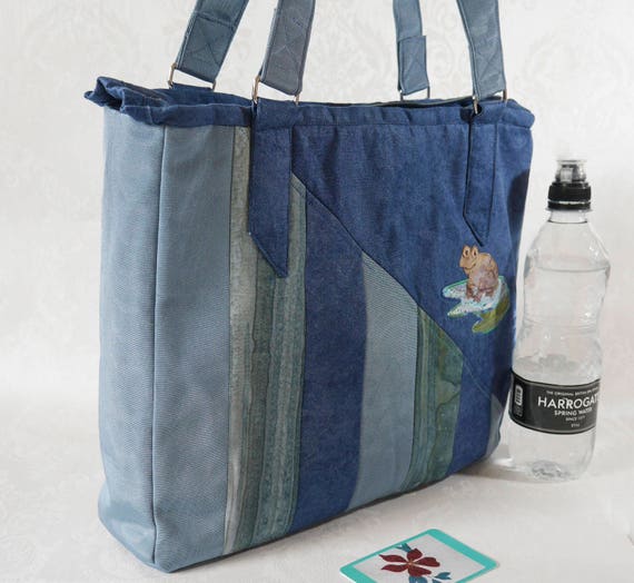 Blue patchwork handbag large top handled shoulder bag tote