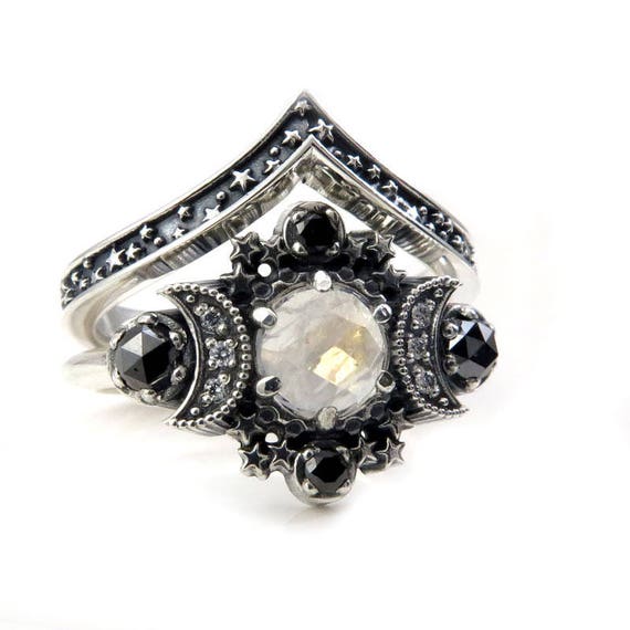 Rainbow Moonstone Cosmos Moon Engagement Ring Set - Sterling Silver
