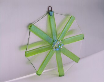 Fused Glass Snowflake Suncatcher - Lime Green & Dichroic Glass Accents - Iridized Glass Snowflake - Glass Christmas Ornament - Hostess Gift