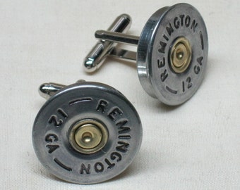 Shotgun Shell Cufflinks Remington THIN 12 Gauge Nickel - Wedding Best Man