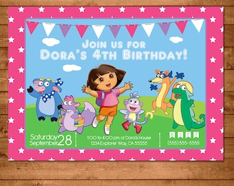 Dora the Explorer Invitation Pink Stars -- Dora Invite -- Dora the Explorer Birthday --Dora the Explorer Party Favors