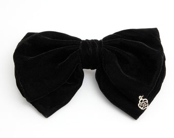 Handmade Silk Velvet Layered Black Bow French Hair Barrette