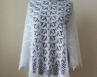 Knitted mohair silk white shawl, Lace knit shawl, Wedding shawl, Evening shawls wrap, Knit mohair shawl, lace knit shawl, Kid mohair shawl