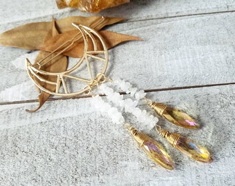Boho hair clip - gold moon hair clip - crystal moon clip - moon hair jewelry - moon clip - crescent moon clip - boho hair clip - gold moon