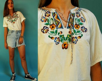 1970s Folk Floral Embroidered Polish Blouse