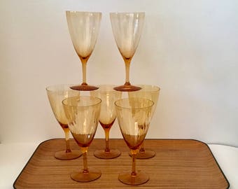 Vintage Amber Stemmed Glasses, set of 7