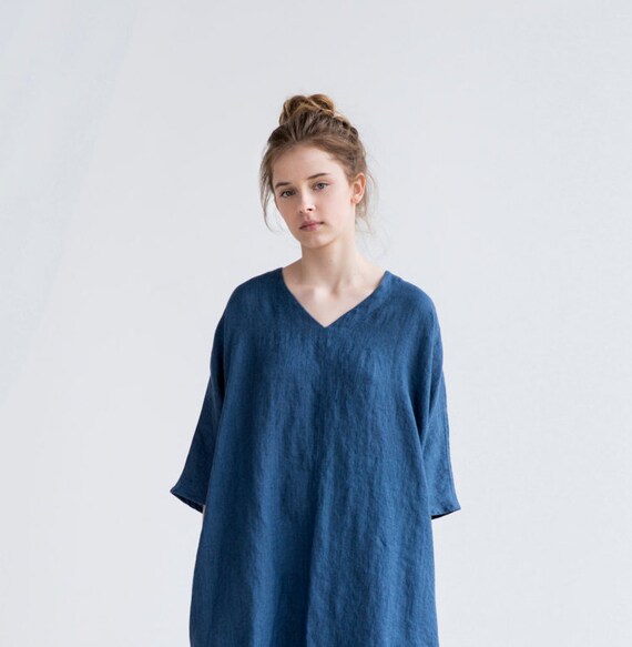 Washed linen KIMONO tunic in denim color / Oversize linen