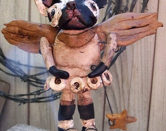 Vintage Folk Art French Bulldog Angel Doll Ooak Original