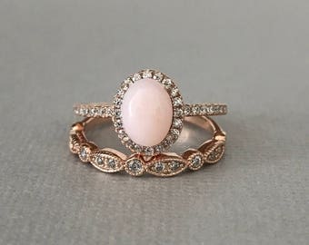 Pink Peruvian Opal Ring Art Deco Rose Gold Simulated Diamond Engagement Set Sterling Silver 2PC Fancy Wedding Promise Band Ring Set