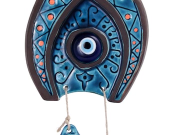 Evil Eye Ceramic Horseshoe Wall Art - Ceramic Wall Art with Glass Evil Eye Bead - Ceramic Wall Hanging