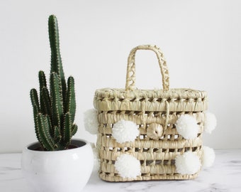 moroccan small white pompom basket bag