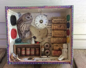 WISE OWL.... Mixed Media 3D Art Shadow Box DIORAMA Recycled Stuff Repurposed Cigar Box Junk Things Assemblage