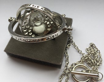 Miniature Hermione Harry Sand Time turner Rotating Hourglass Silver Necklace