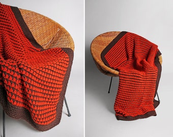 Vintage Rust Orange and Brown Afghan Blanket - Crochet Soft Boho Bohemian Red Orange Square Dot Couch throw 1970s 70s Handmade