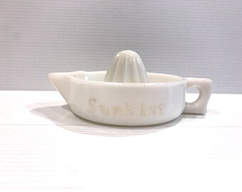 SUNKIST JUICER, Vintage juicer, milk glass juicer, glass reamer, milk glass reamer, reamer with pitcher lip, Sunkist orange juice, vintage