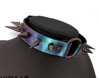 ANTHAXIA / / Iridescent Holographic Leather Spike O-Ring Choker Collar (made to measure)