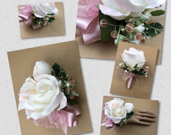 New Boxed Blush Pink Prom Corsage, Boxed Blush Prom Bout, Blush Prom Wrist Corsage