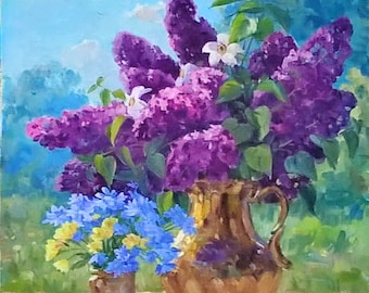 Oil painting Lilac artwork Still life painting Lilac painting Purple wall art Floral painting Flower painting Floral art Home decor Wall Art