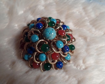 Impressive Brooch with Faux Semi-Precious Glass Cabochons-1960's