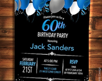 60th Birthday Invitation for Men, Black Blue Elegant Birthday Invitations, Surprise Birthday, Any Age Adult Invitations BA12