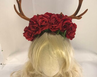 Deer antlers forest goddess horned faun headdress floral rose fawn woodland elf fantasy antler horn crown